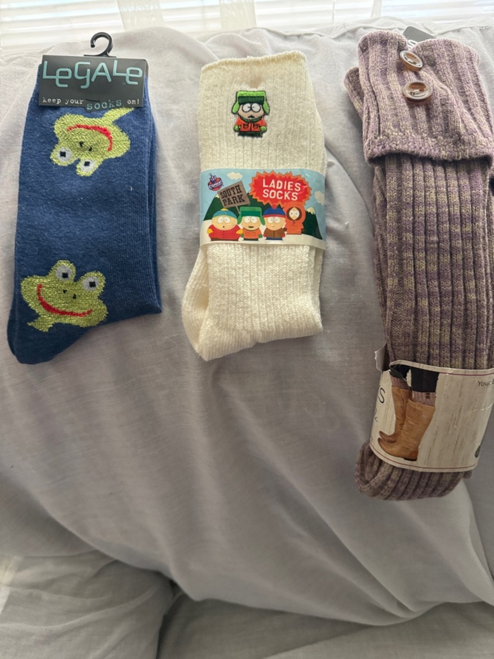 LeGale Frog Socks, Cream South Park Ladies Socks, Lavender Button Boot Socks